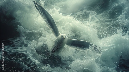 An image of a bird flying above a stormy sea  symbolizing overcoming adversity. stock photo