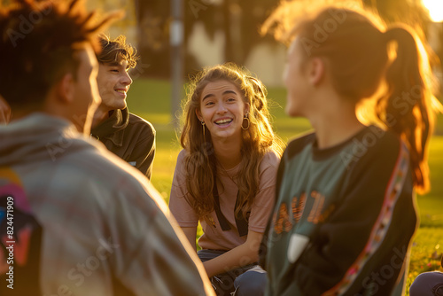Group of Teenagers Connecting in a Park during Golden Hour, Embracing the Joy and Complexity of Adolescence