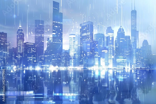 Futuristic city skyline with blue digital overlays  ideal for technologythemed presentations