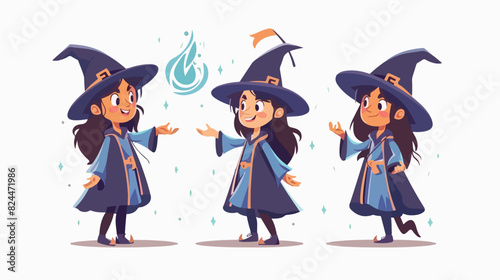 Cute girl in witch hat conjures. Young female mage