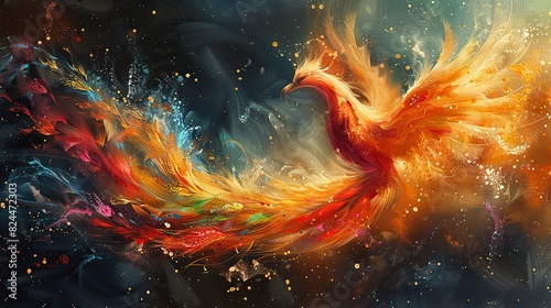 A conceptual painting of a phoenix with colorful feathers, symbolizing powerful renewal. stock image photo