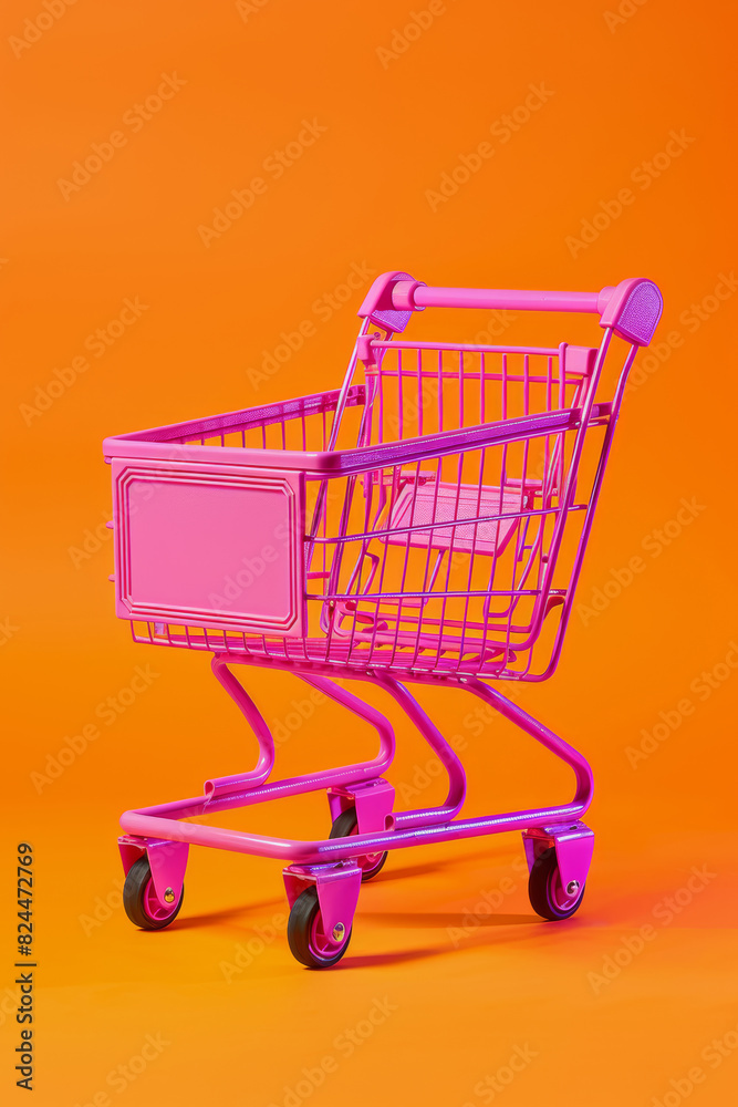 Vibrant Pink Shopping Cart on Orange Background Vibrant Pink Shopping Cart on Orange Background