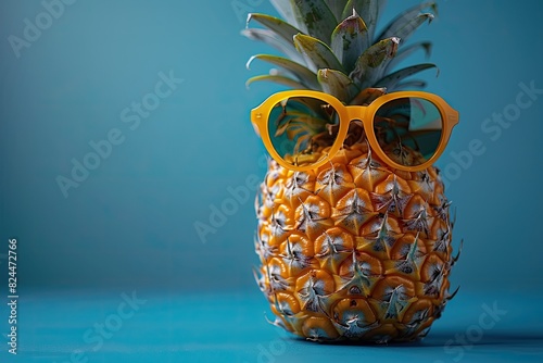 Pineapple is wearing black sunglasses and sunglasses on a blue background. Advertising accessories, summer, vacation. photo