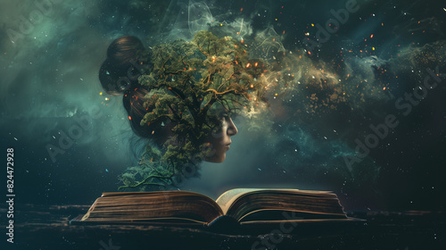 A young woman with a mind full of imaginations as a result of reading book. Reading, book lover, library, world of dreams and fantasy. photo