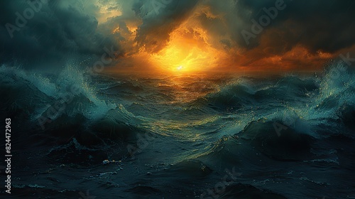 An image of a sun rising over a stormy sea, representing hope and new beginnings. stock photo