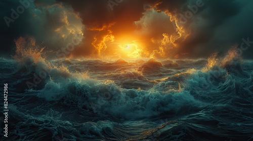An image of a sun rising over a stormy sea, representing hope and new beginnings. stock image #824472986