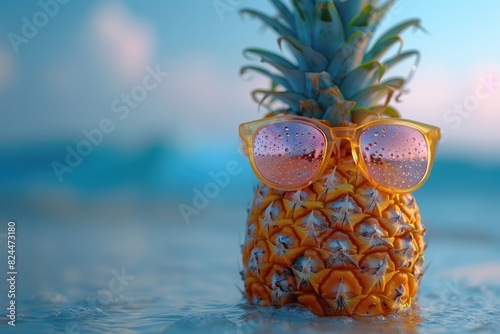 Pineapple is wearing black sunglasses and sunglasses on a blue background. Advertising accessories, summer, vacation. photo
