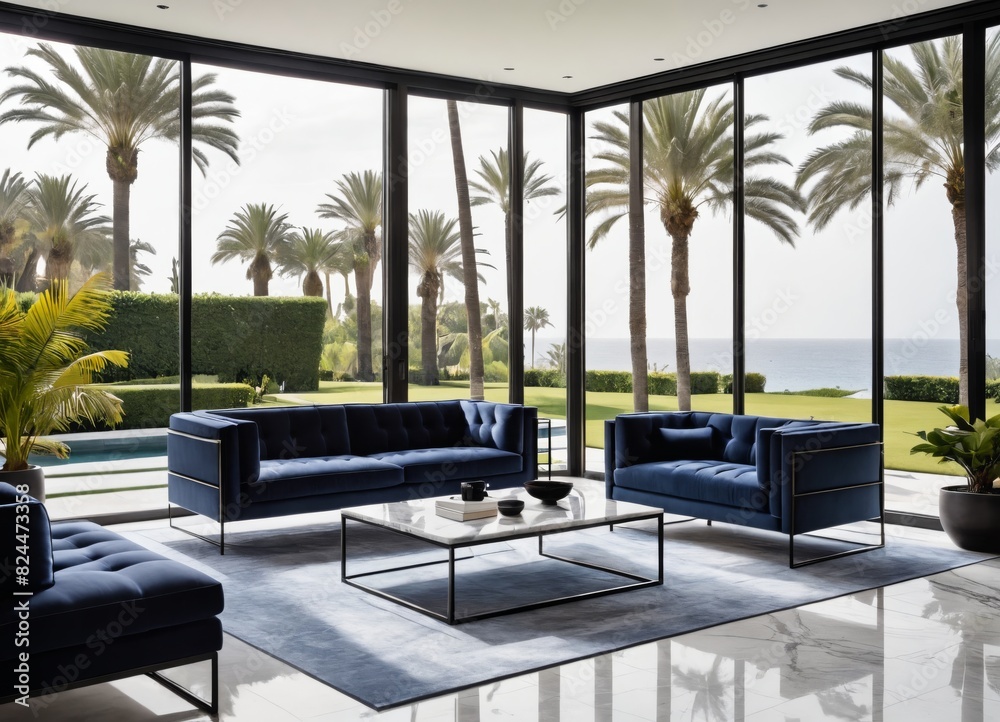 interior design with dark blue sofas and light grey carpeting, a marble coffee table, black metal side tables, floor lamps, large windows overlooking a garden with palm trees, modern architecture
