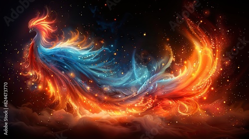 An image of a phoenix with vibrant feathers, symbolizing powerful renewal. stock photo