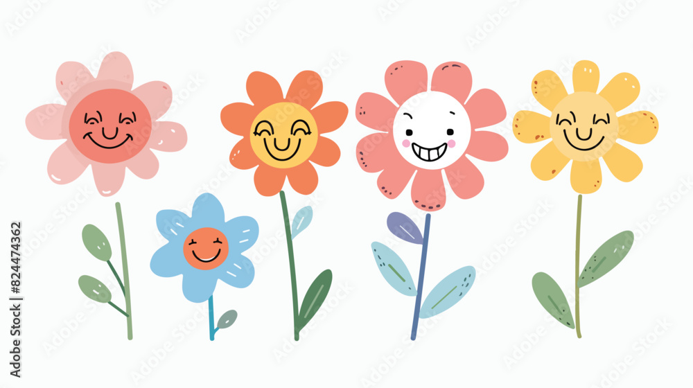 Cute kawaii flowers with happy smiling faces Four