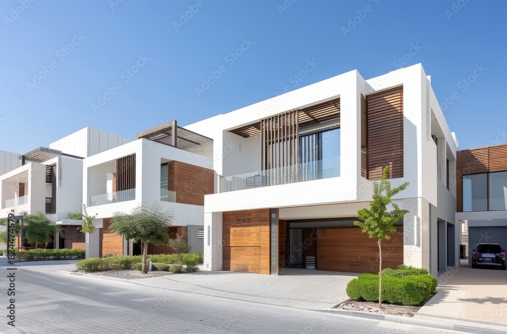 Modern townhouses with white walls and wooden accents, set against the backdrop of an urban landscape