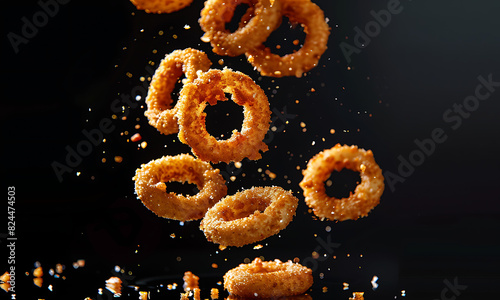 fried onion rings falling against a solid black background with studio lighting photo