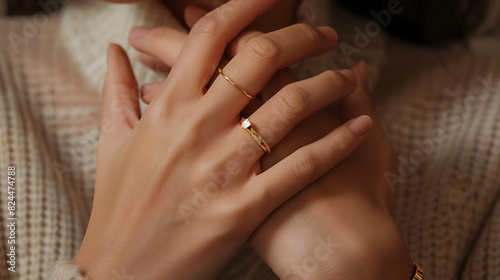 Close-up of female hands showing her golden rings. Horizontal mock-up.