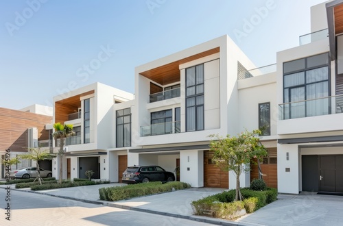 Modern townhouses with white walls and wooden accents, set against the backdrop of an urban landscape © Chand Abdurrafy