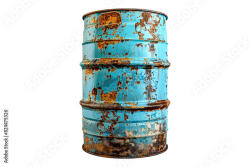 Old rusted blue steel oil barrel isolated on white background photo