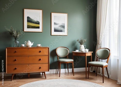 A small round table with a tea set on it  next to the wall is an empty dresser.