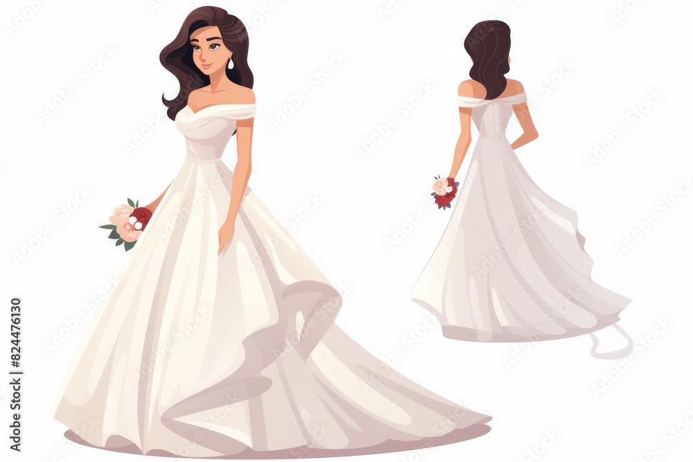 Elegant bride in white wedding dress holding bouquet. Front and back view illustration of beautiful bride. Perfect for wedding themes. Elegant bride in white wedding dress holding bouquet. Front and back view illustration of beautiful bride. Perfect for wedding themes.