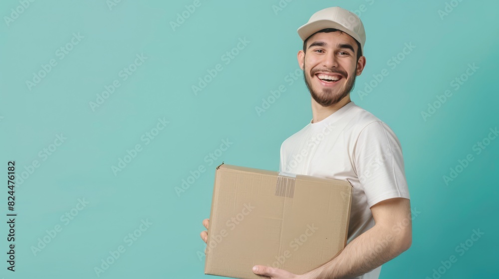 Delivery man holding parcel box on blue background with copyspace for your text Delivery man holding parcel box on blue background with copyspace for your text
