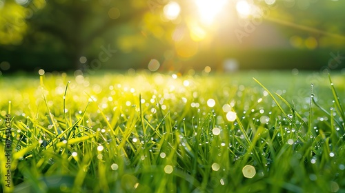 Close-up of dew drops on green grass with sun shining in the background © JS_Stock