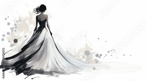 Elegant watercolor illustration of a bride in a flowing wedding dress, showcasing artistry and grace. Perfect for wedding themes and invitations.