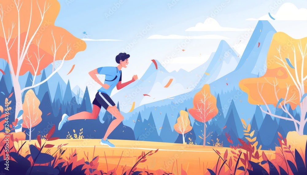 Man running through vibrant autumn forest with scenic mountain backdrop and colorful foliage on a crisp morning.