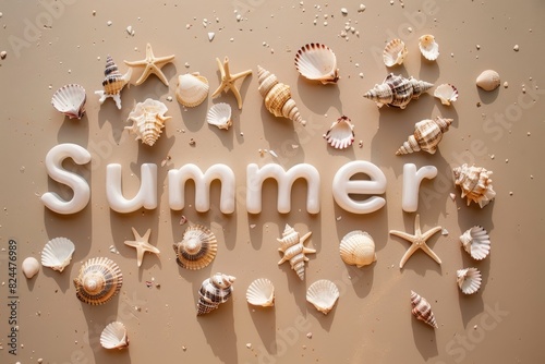 Realistic illustration with 3d word SUMMER with seashells on wet sand. Horizontal typographic banner for social media or retail or touristic business photo