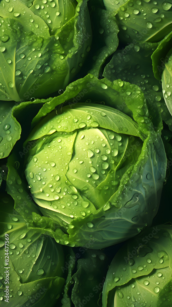 Fototapeta premium fresh cabbage adorned with glistening raindrops of water background poster 