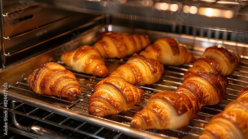 freshly baked golden brown croissants cooling on a wire rack inside an oven