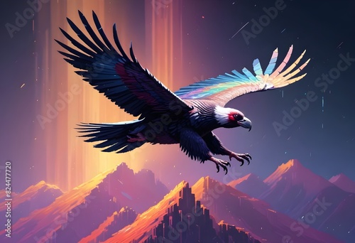 Pixel art andean condor gliding effortlessly on th photo