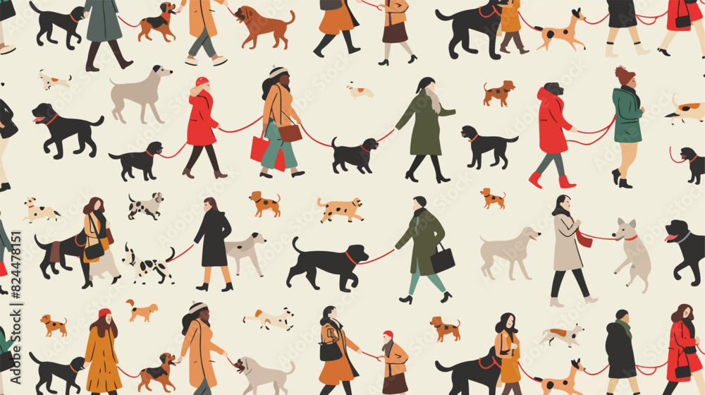 People walking dogs seamless pattern. Tiny owners 