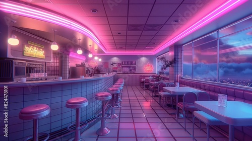 Vintage 1950s style American diner with red furniture and black and white checked floor. 3D illustration