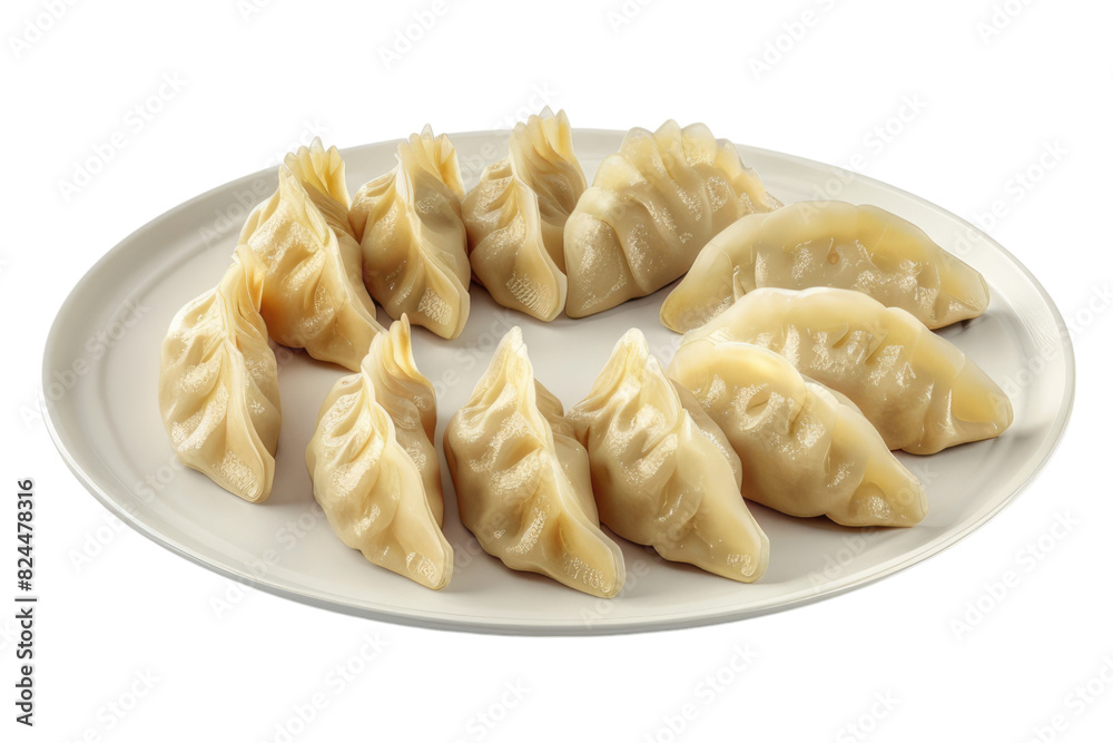 Savoring Jiaozi dumplings isolated on white background