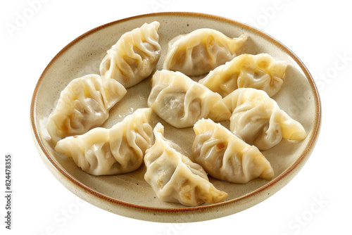 Savoring Jiaozi dumplings isolated on white background