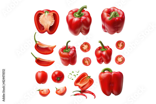 Set of fresh whole and sliced red bell pepper isolated on white background