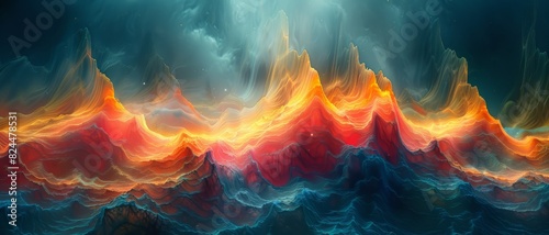 Abstract 3D Background. Otherworldly light bathes a 3D landscape of jagged shapes, creating a haunting visual scene.