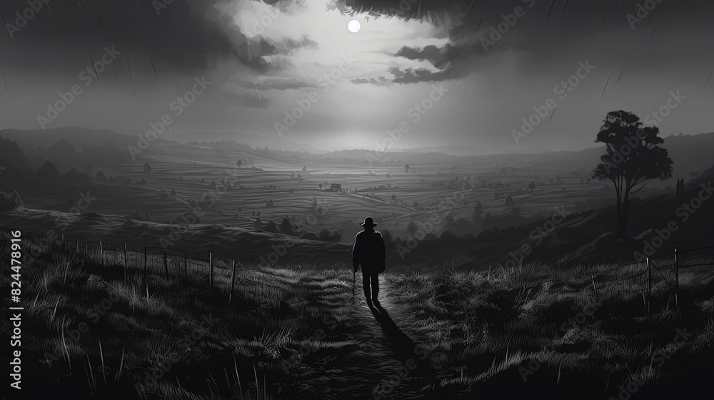 Fototapeta premium Beautiful Countryside Greyscale Landscape Image Background