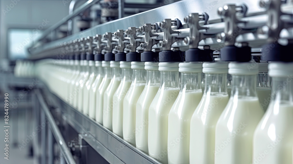 Glass Bottles with A Dairy Product On A Production Line Dairy Plant Production Line on Blurry Background