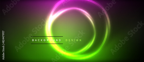 Neon glowing circle rays, light round lines in the dark, planet style neon wave lines. Energetic electric concept design for wallpaper, banner, background