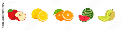 Fresh fruits set. Various tropical fruits collection. Vector flat style.