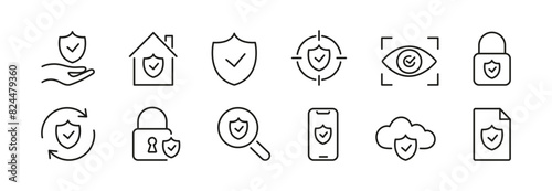 Security icons set. Shield check mark, security shield line icon. Vector.