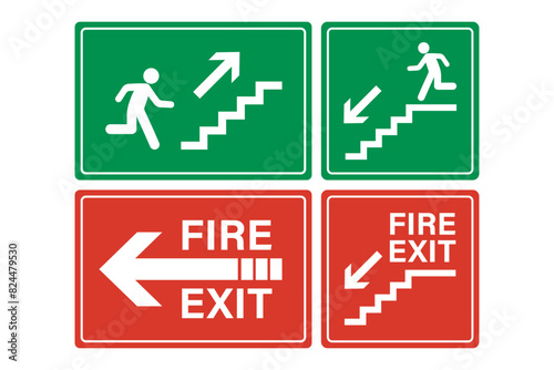 Ladder and human pictogram. Green and red fire safety icons set. Collection of fire danger signs and equipment. Meeting point. Emergency assembly area