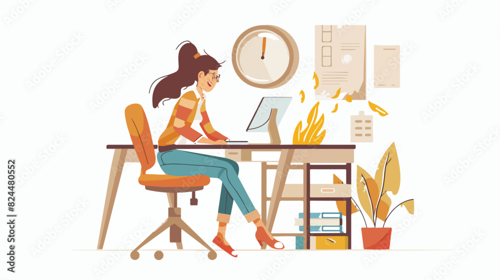 Person work hard at computer. Burning deadline concept