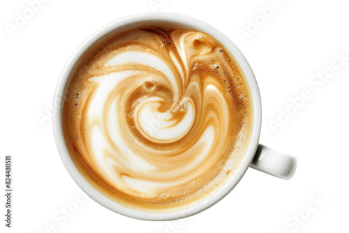 top view of coffee cappuccino spiral milk isolated on white background