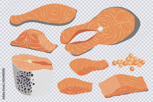 Pieces of red fish. Red fish steak, salmon fillet, caviar in flat style isolated on transparent. Fresh organic seafood for restaurant, sushi bar menu. Healthy and tasty food ideas. Vector illustration