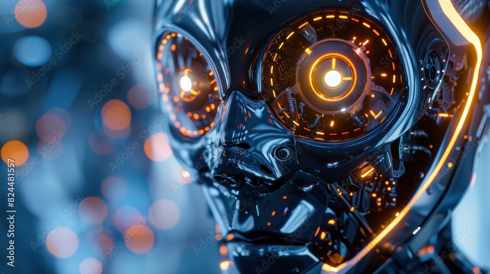 Close-up 3D rendering of droid AI research and cyborg development to design people's future digital data mining Close-up 3D rendering of droid AI research and cyborg development to design people's future digital data mining