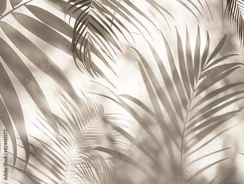 Soft shadows of tropical palm leaves create a serene and natural pattern on a white background.