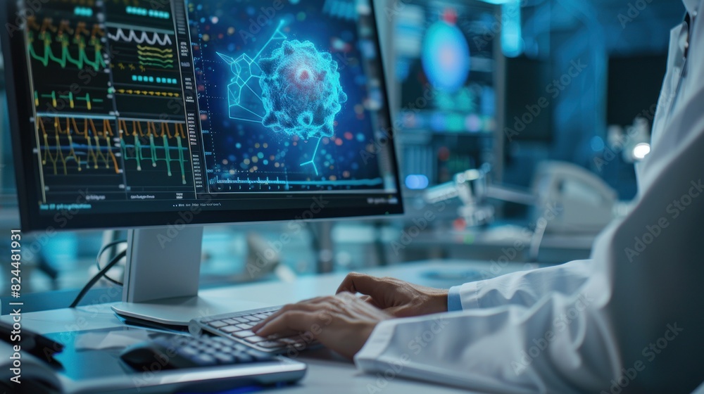 Close-up view of doctor's hands working with modern computer interface at work table in lab as medical network concept Close-up view of doctor's hands working with modern computer interface at work table in lab as medical network concept
