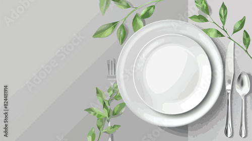 Plate cutlery and plant branch on grey background 