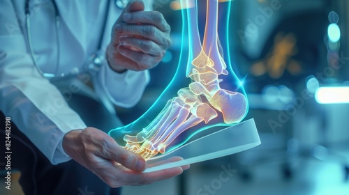 Doctor holds a hologram of a human ankle bone. 3D hologram. Medical concept.