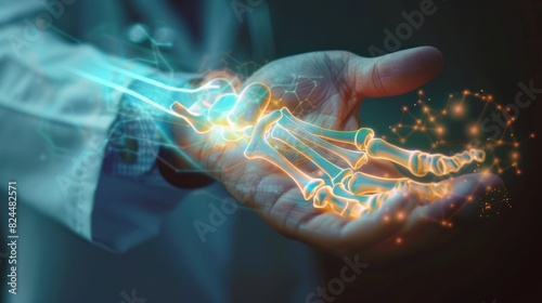 Doctor holds a hologram of human wrist bone. 3D hologram. Medical concept. photo